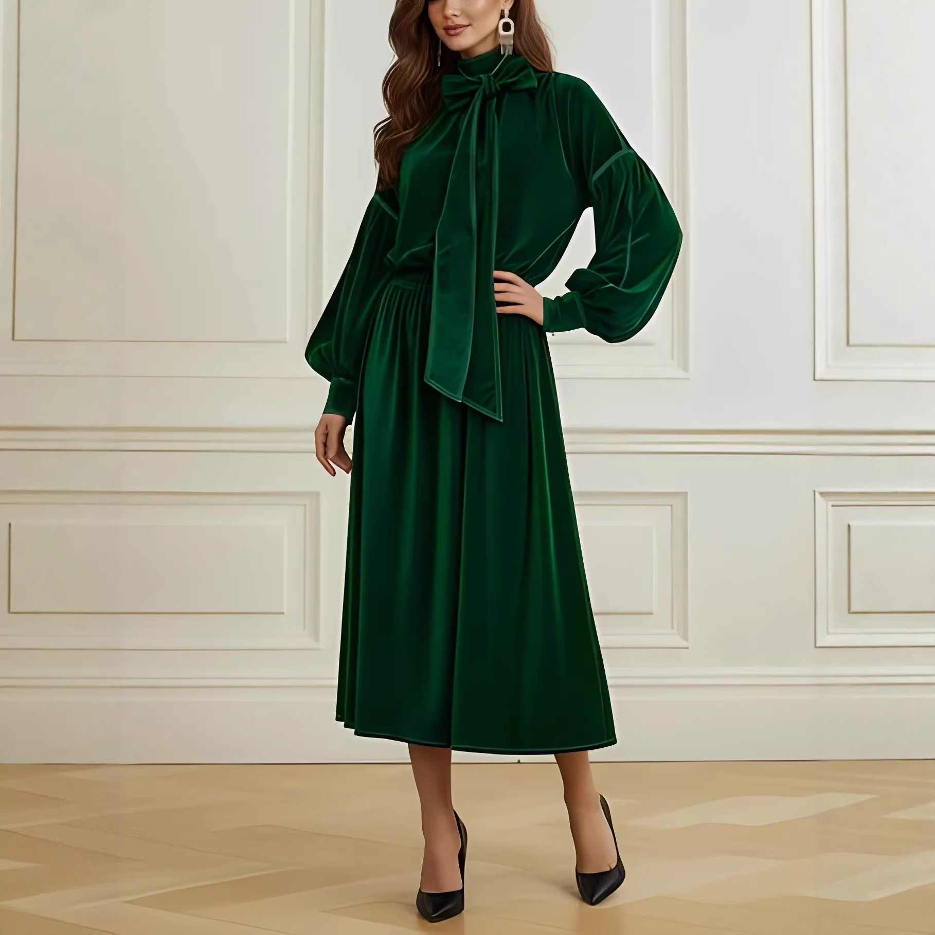 High Neck Bow Velvet Bubble Sleeve Mini Dress with Cinched Waist