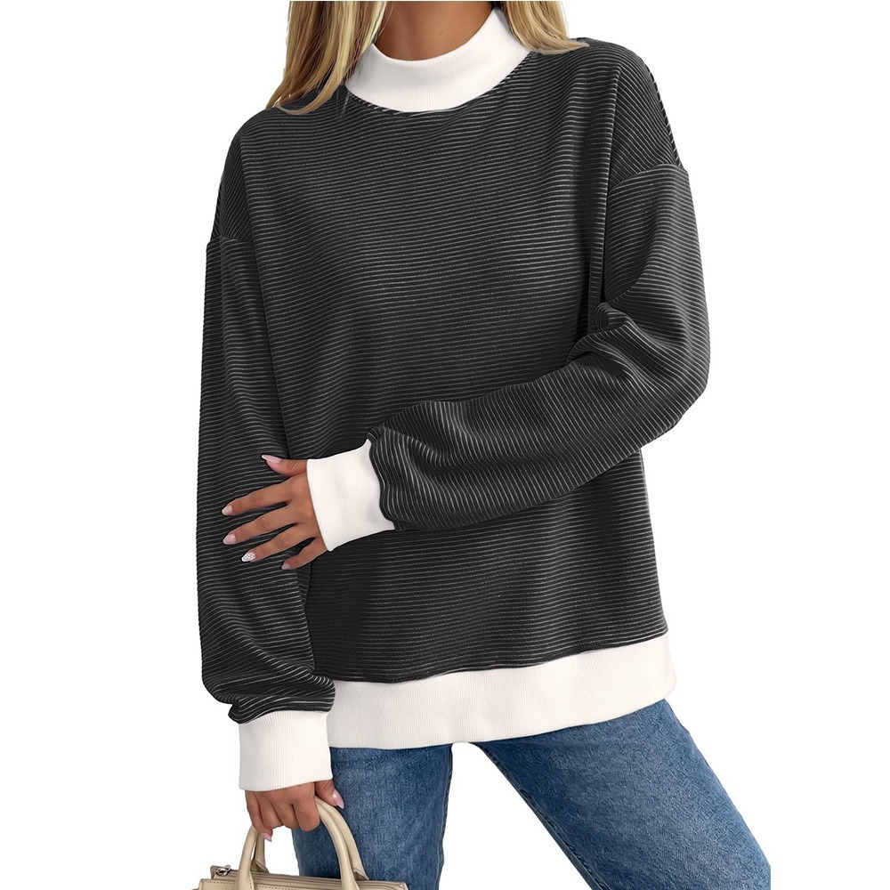 Women's Brushed Striped Colorblock Crewneck Knit Top Loose Fit Long Sleeve