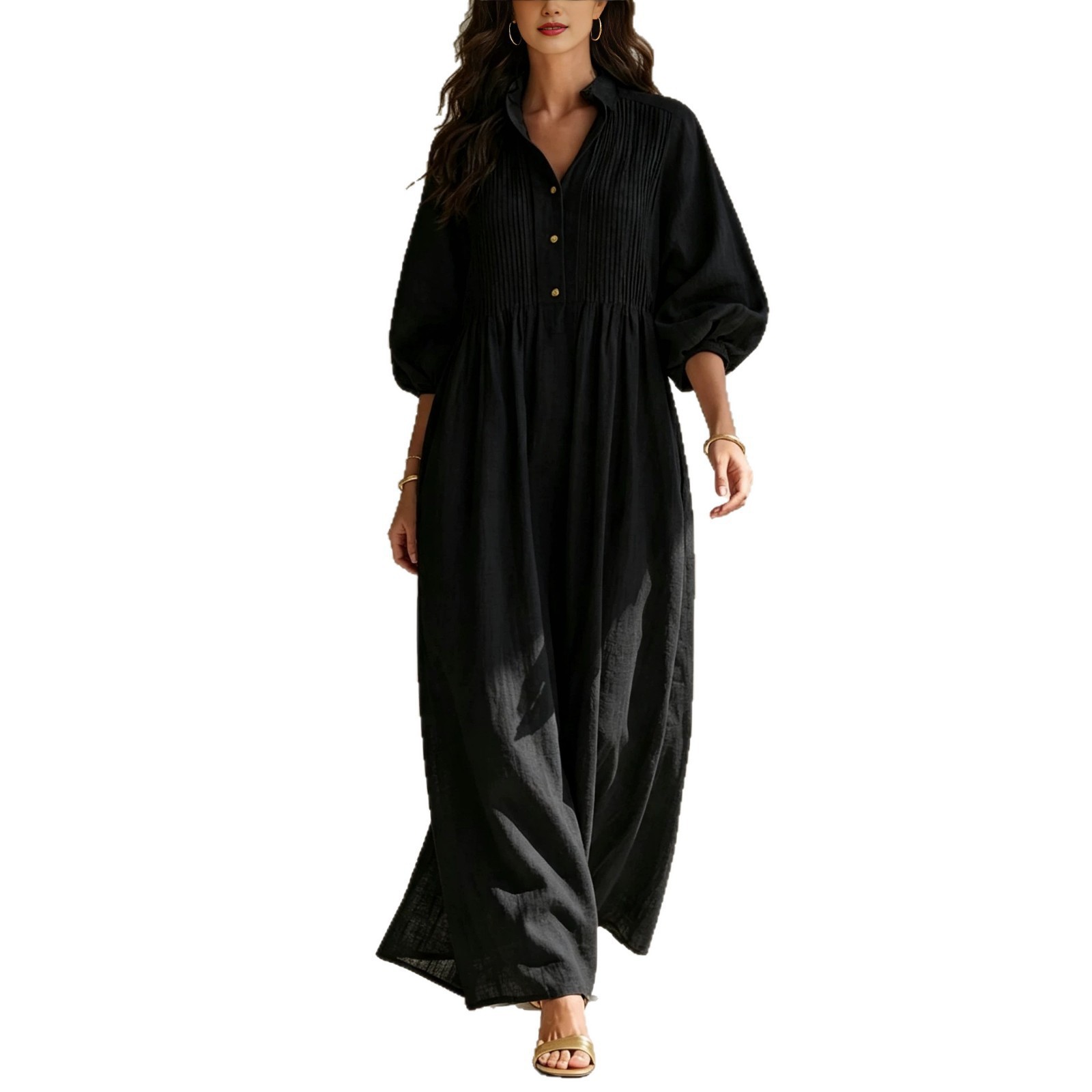 Linen-Blend Long Sleeve Shirt Dress Women's Loose A-Line Midi Bubble Sleeve Solid