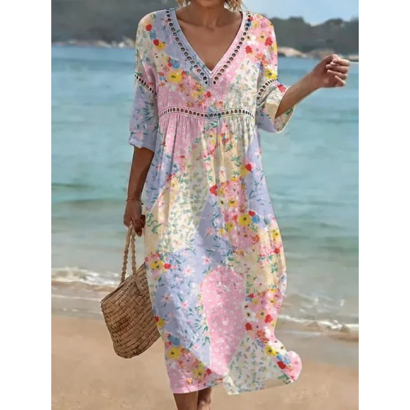Women's Floral Print Pleated Midi Dress with Deep V-Neck and 3D Effect