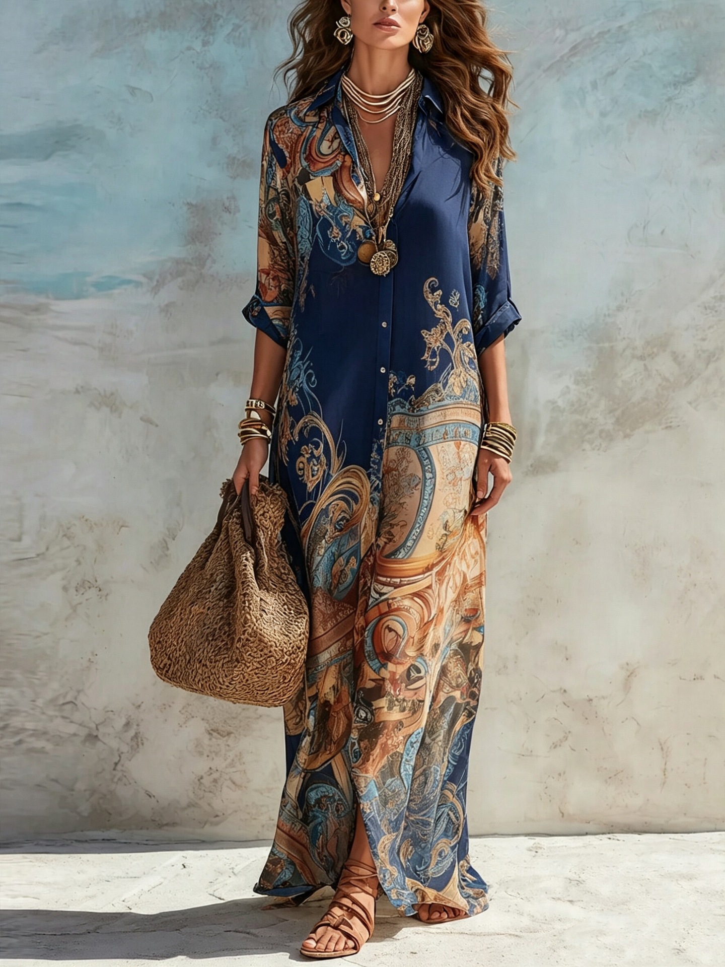 Fresh Retro Digital Print Flowy Midi Dress