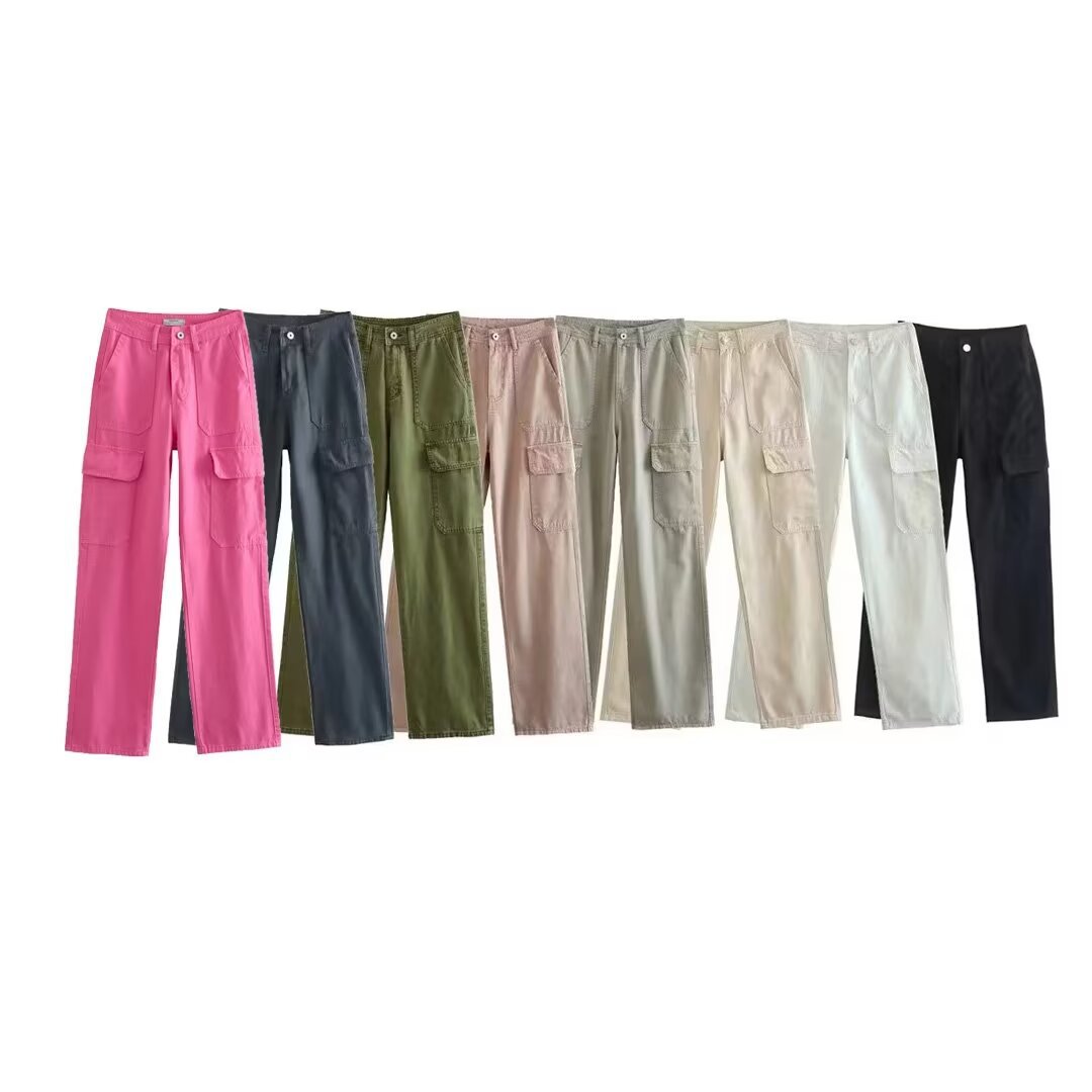 Women's Straight-Leg Cargo Pants Multi-Color High-Waist Streetwear