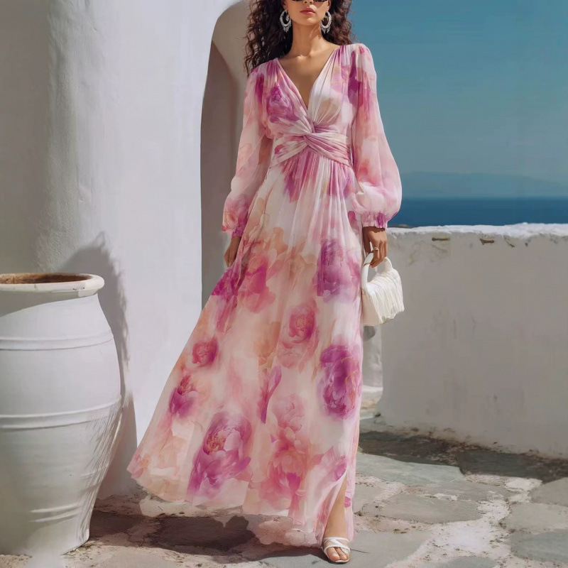 Floral Print V-Neck Long Sleeve Maxi Dress