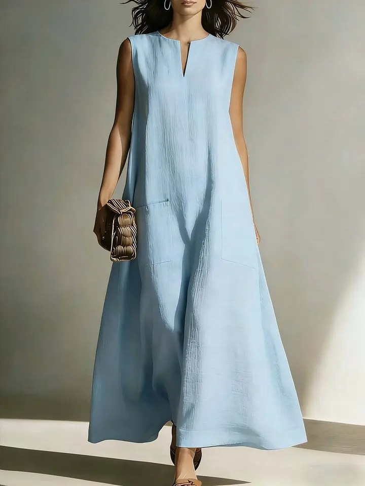 Women's Sleeveless Cotton-Like Linen A-Line Midi Dress