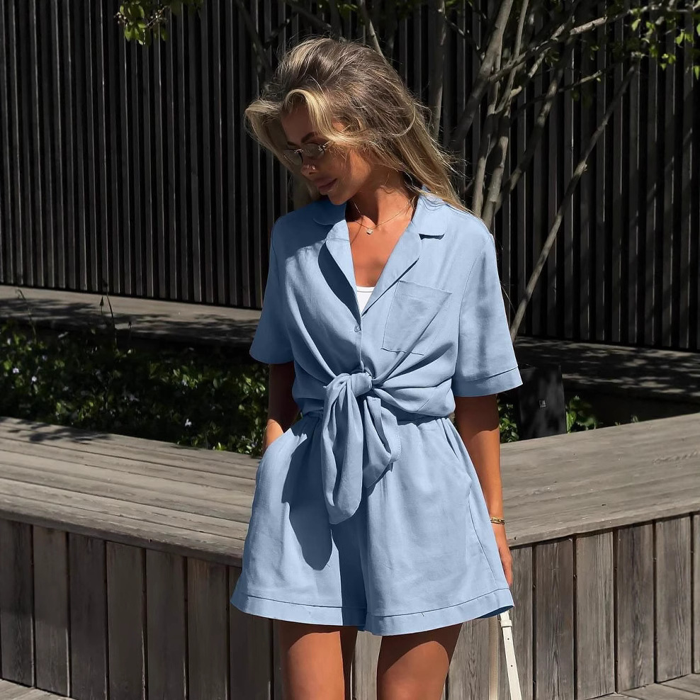 Women's Collared Tie-Front Short Sleeve Shorts Casual Set