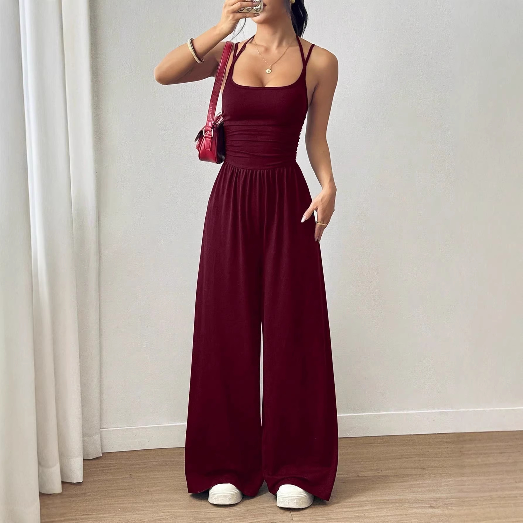 Solid Color Sleeveless Wide-Leg Jumpsuit with Cami Top