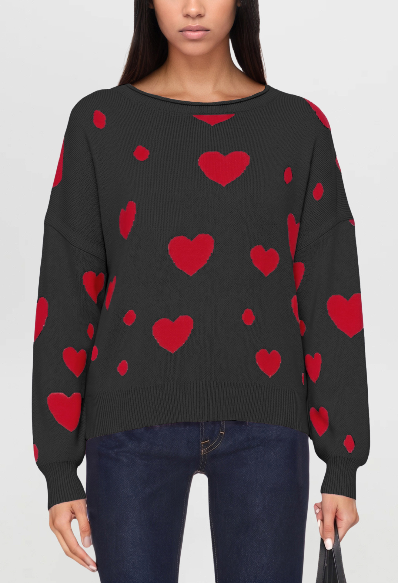 Heart Pattern Knit Sweater Women's Pullover Loose Fit Crew Neck Long Sleeve