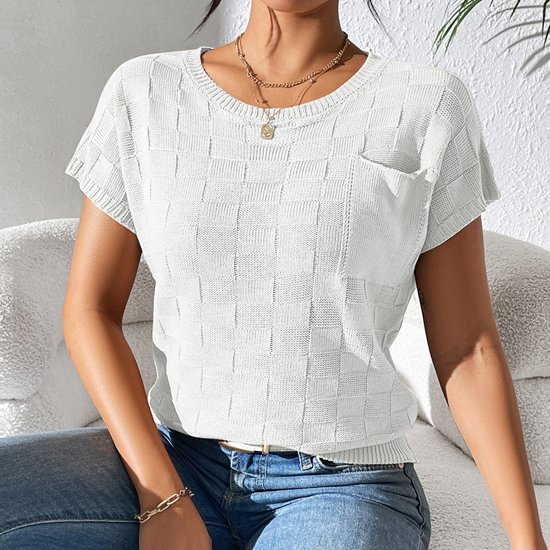 Women's Loose Knit Short Sleeve T-Shirt Solid Color Crew Neck Casual Top
