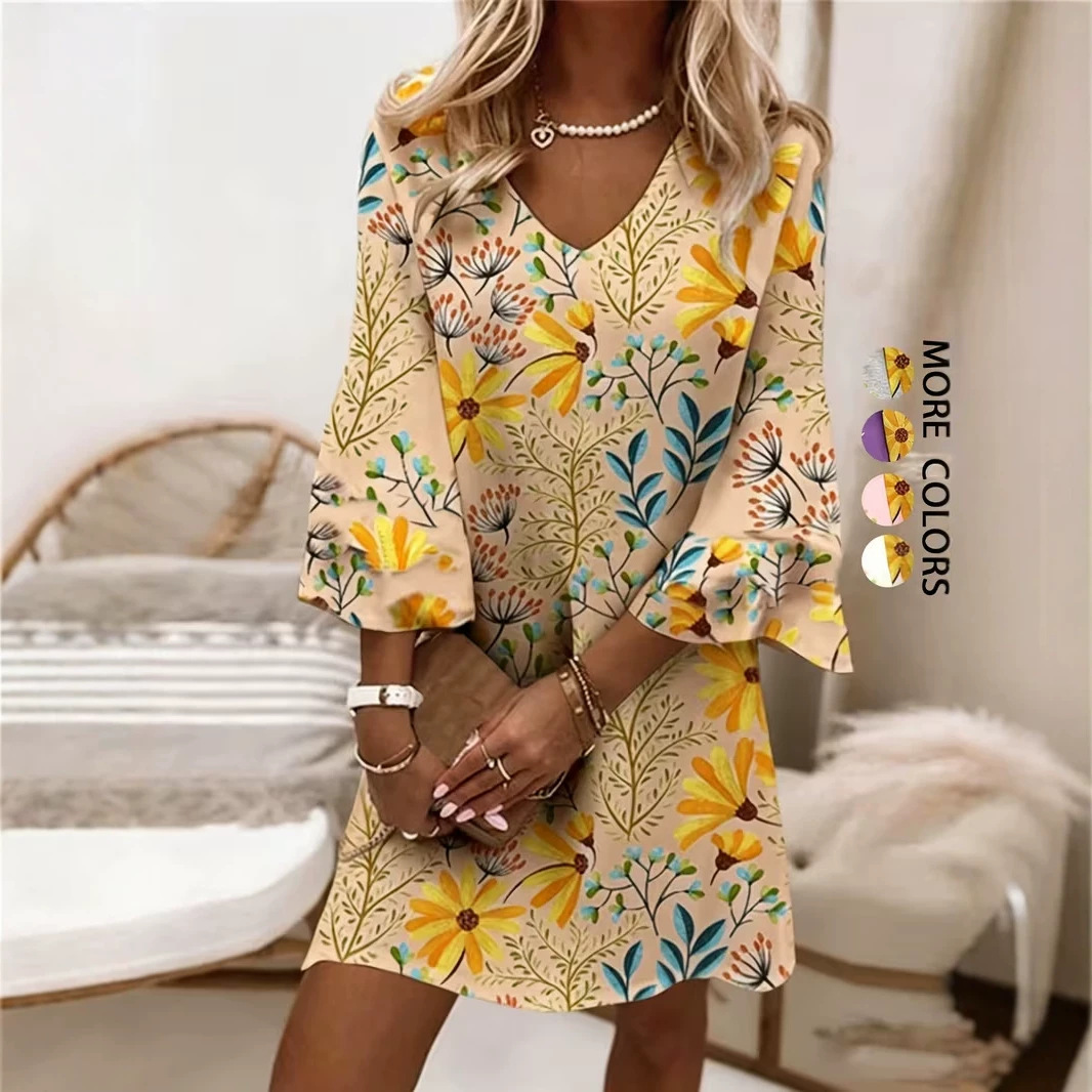 Women's Floral Print Rolled Sleeve Midi Dress