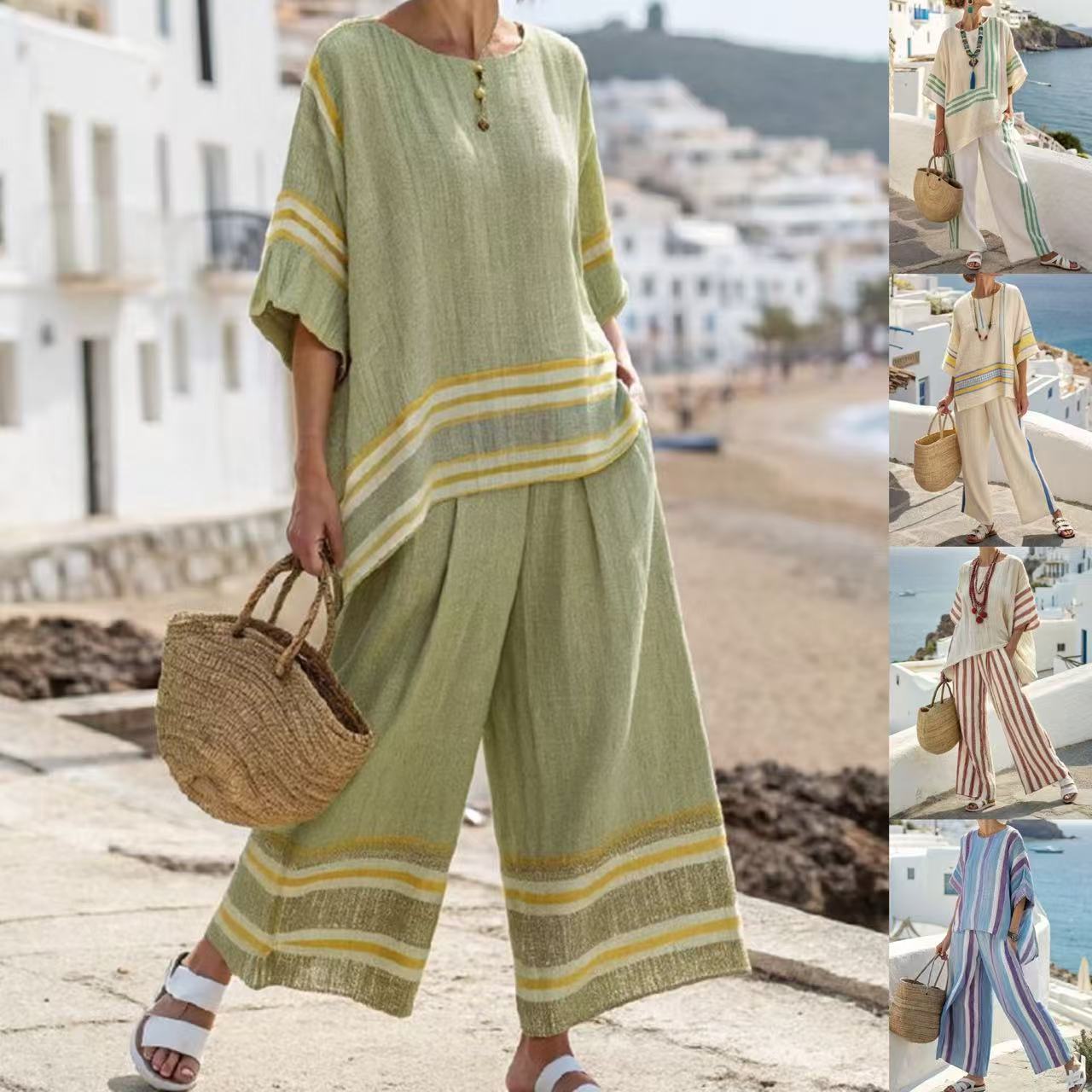 Striped Color-Block Half-Sleeve Top and Straight-Leg Pants Set