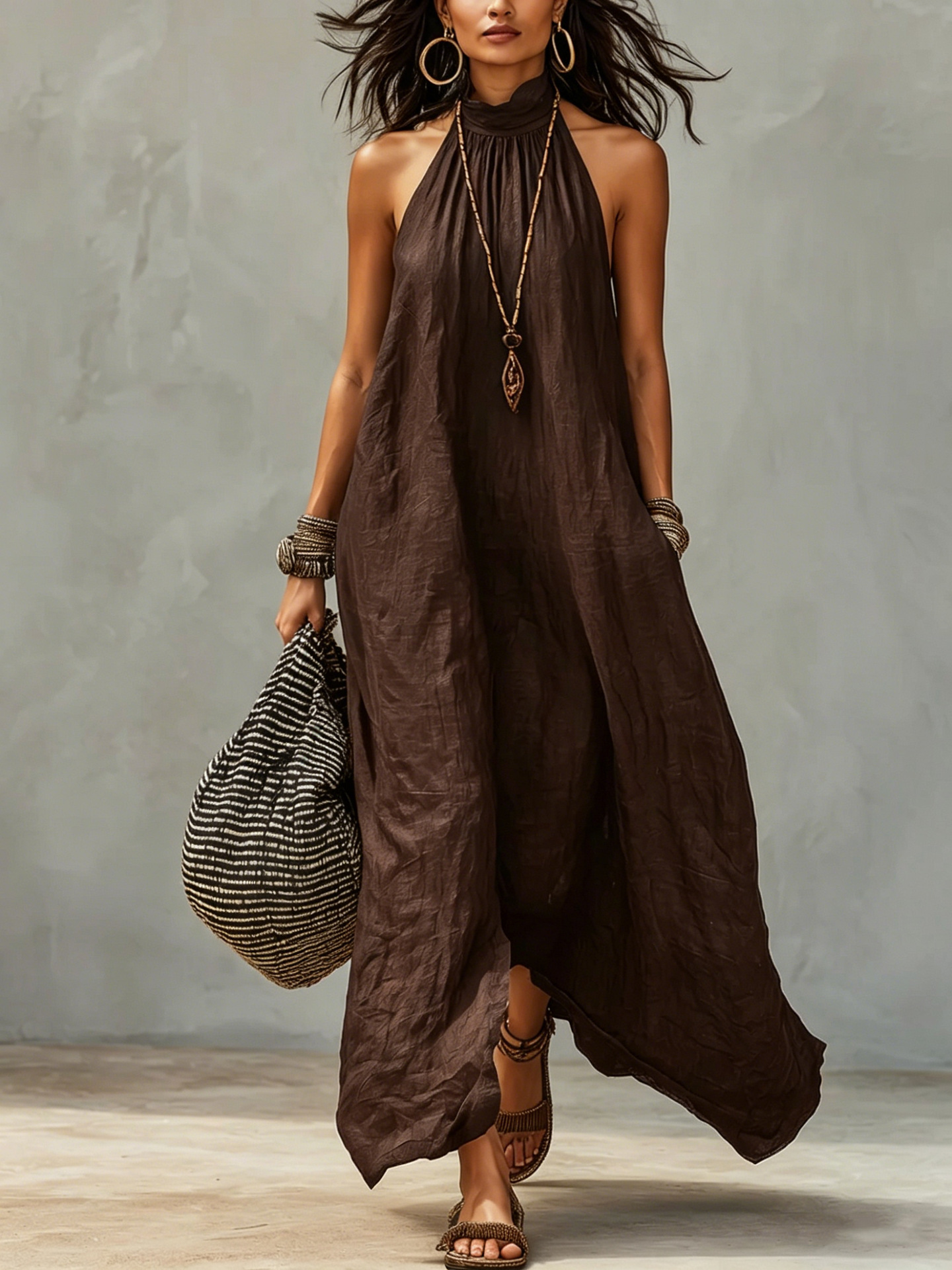 Women's Halter Neck Backless Pleated Boho Maxi Dress
