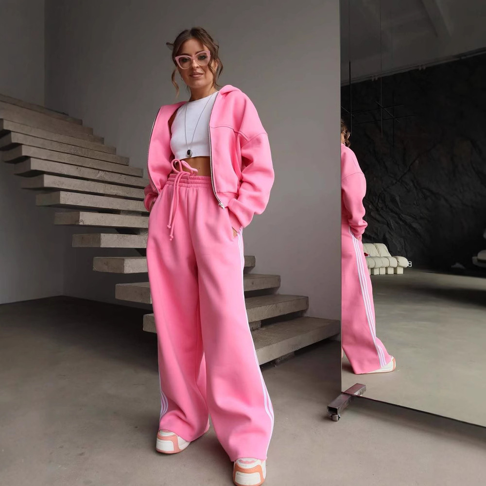 Women's Hooded Drawstring Colorblock Striped Wide-Leg Two-Piece Pants Set