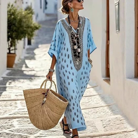 Women's Floral Polka Dot Print Midi Dress Deep V-Neck Five-Sleeve Slim Fit Casual