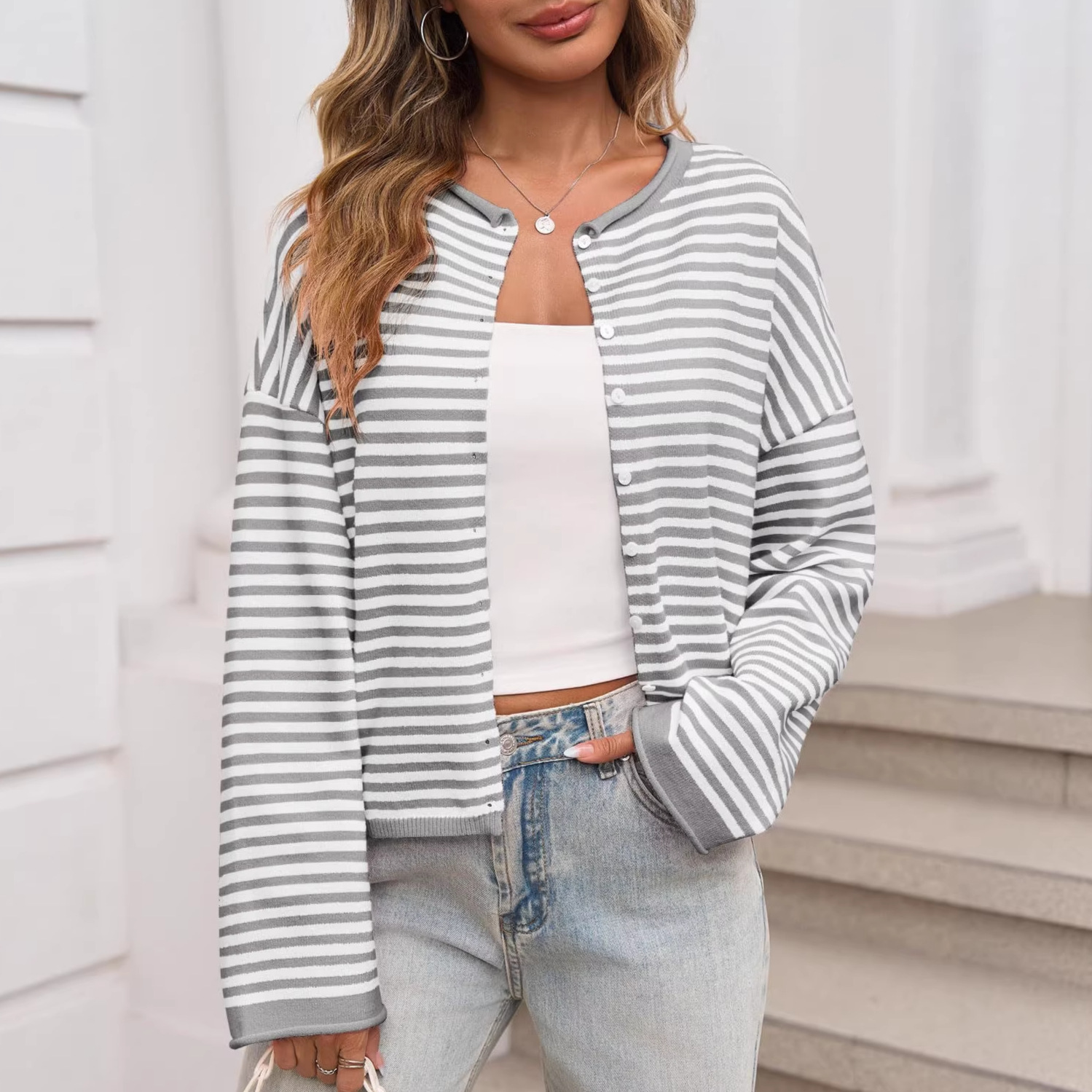 Women's Striped Colorblock Knit Cardigan Long Sleeve Casual
