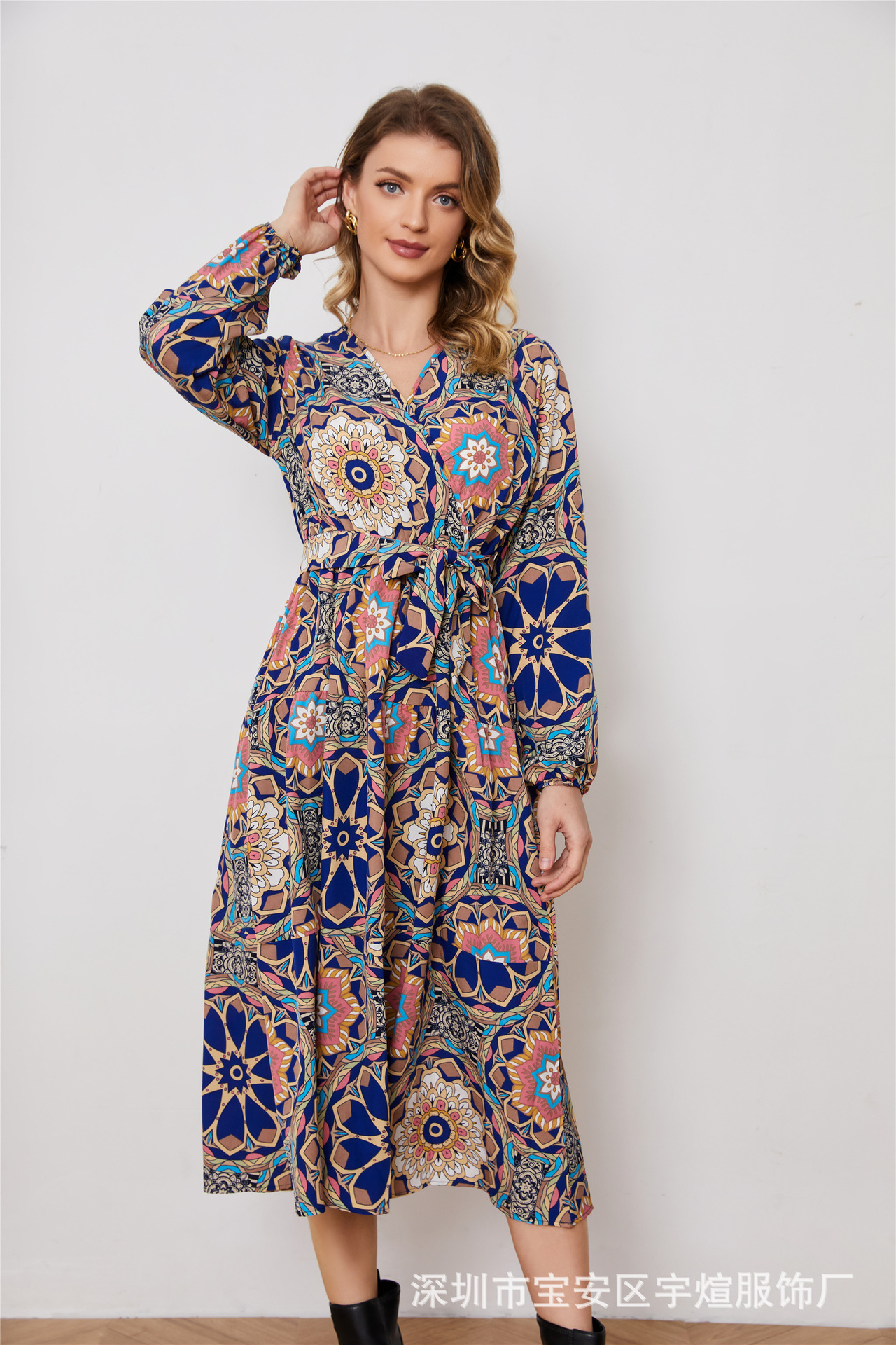 Floral Print Long Sleeve V-Neck A-Line Midi Dress with Belt
