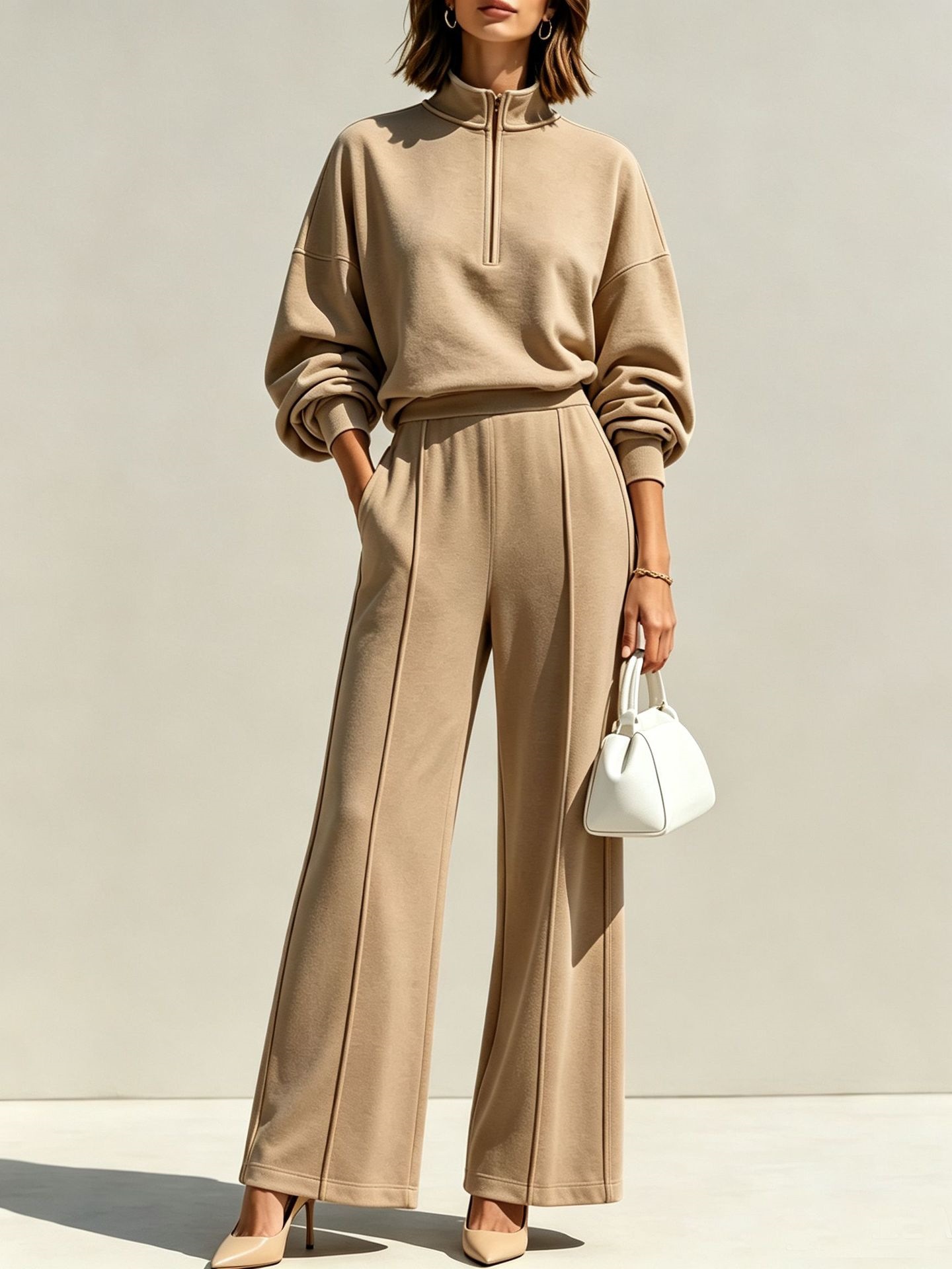 Women's Two-Piece Half-Zip Stand Collar Sweatshirt and High-Waist Wide-Leg Pants Set
