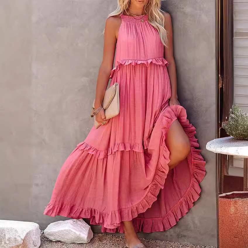 Ruffled Long Vacation Dress with Flowy Maxi Skirt