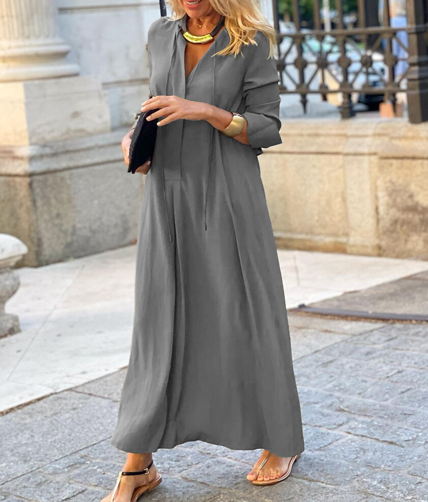 Solid Color Collared Long Sleeve Maxi Shirt Dress