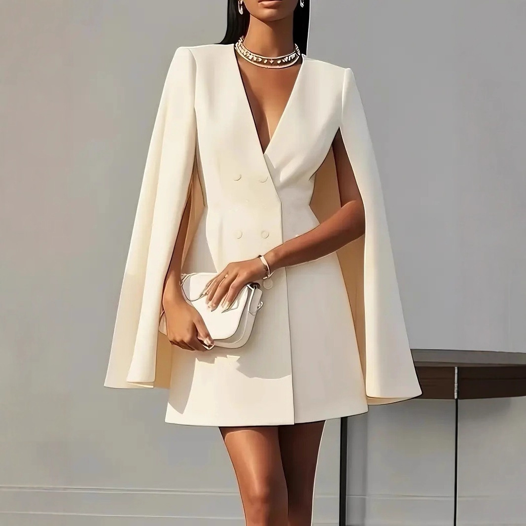 Double-Breasted Cape Blazer Dress Solid Color