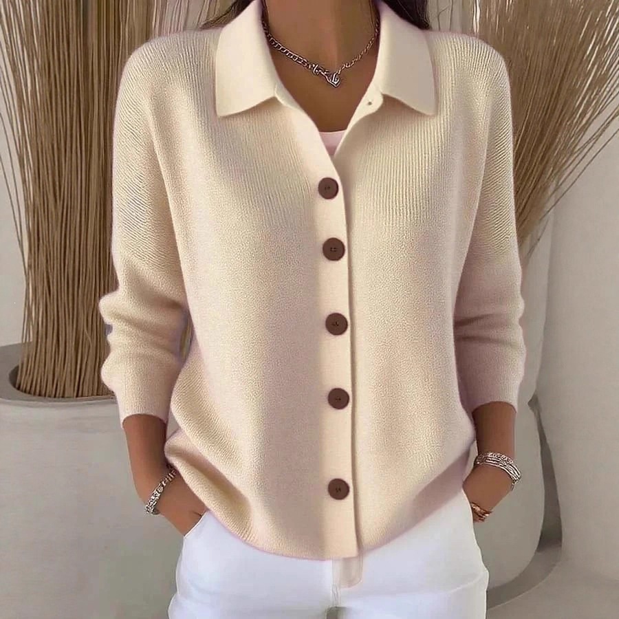 Button-Up Knit Collared Cardigan Sweater Coat Solid Color Casual Women's