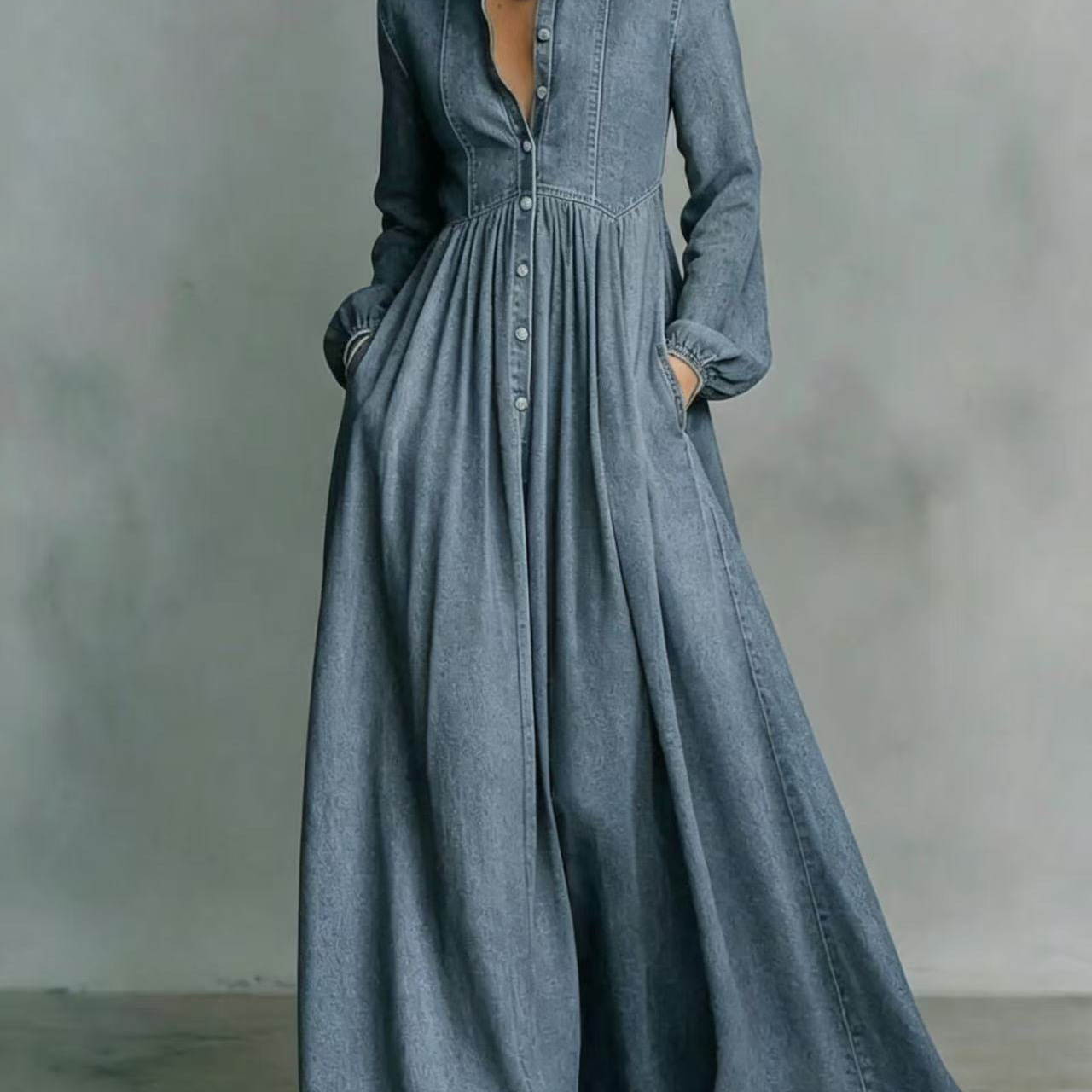 Women's Denim Maxi Dress with Asymmetric One-Shoulder and Flared Skirt