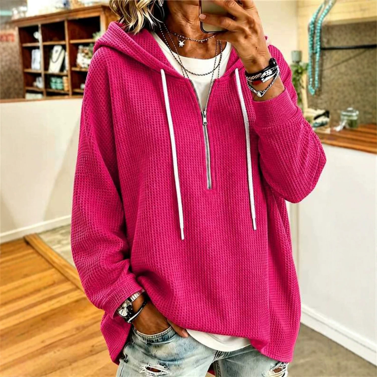 Women's Waffle Knit Drawstring Hooded Sweatshirt Loose Zip-Up Long Sleeve Top