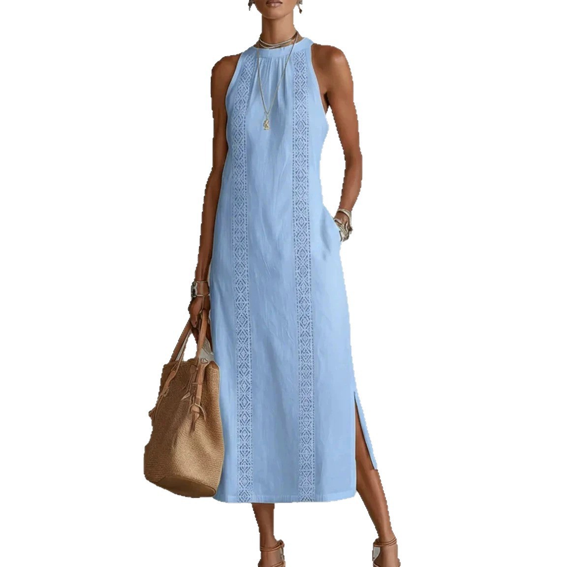 Women's Solid Color Sleeveless Round Neck Long Dress