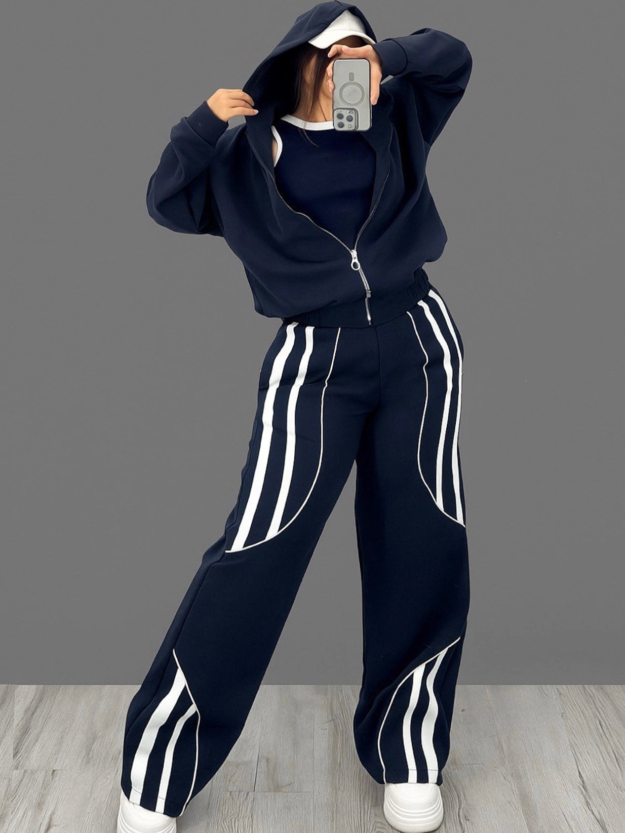 Retro Streetwear Striped Hooded Cardigan and Pants Two-Piece Set