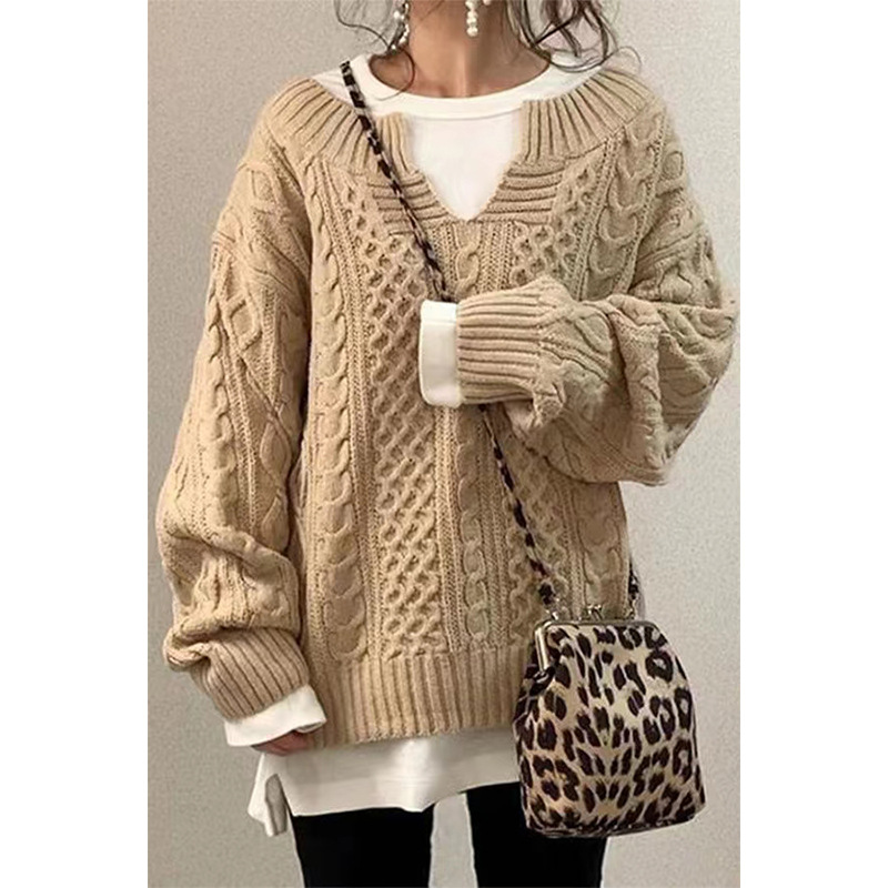 Cable-Knit Loose-Fit V-Neck Women's Sweater