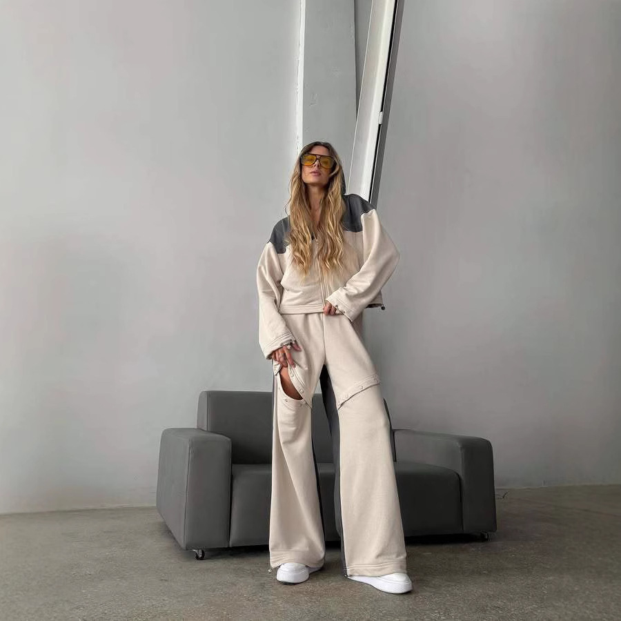 High Street Colorblock Hooded Cardigan & Distressed Button Pants Two-Piece Set