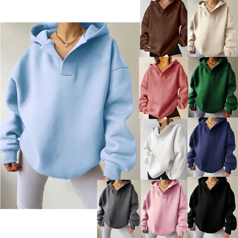 Women's Solid Color Long Sleeve Hooded Loose Sweatshirt
