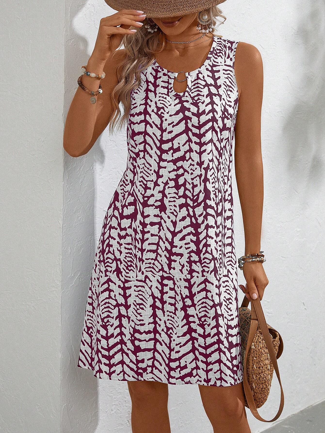Elegant U-Neck Burnout Floral Sleeveless Midi Dress with Ring Detail