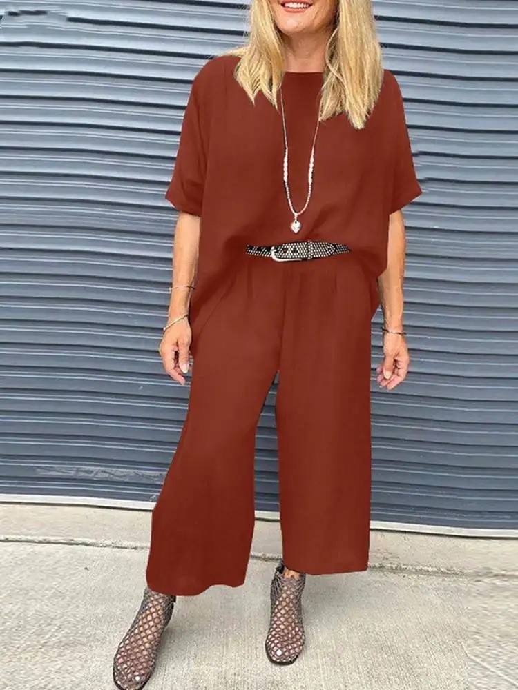 Women's Summer Casual Round Neck Half-Sleeve Top and Wide-Leg Pants Set