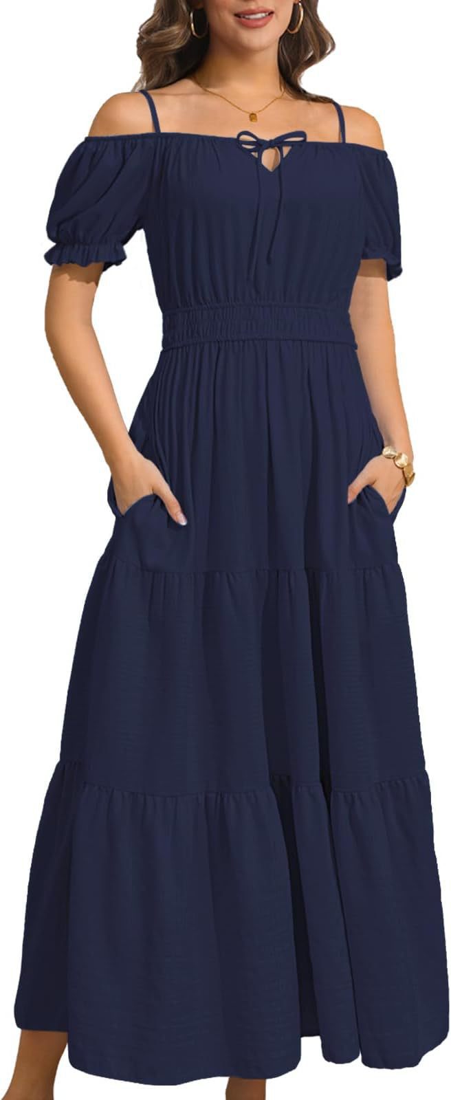 Women's Off-Shoulder Puff Sleeve Midi Dress Casual Beach A-Line