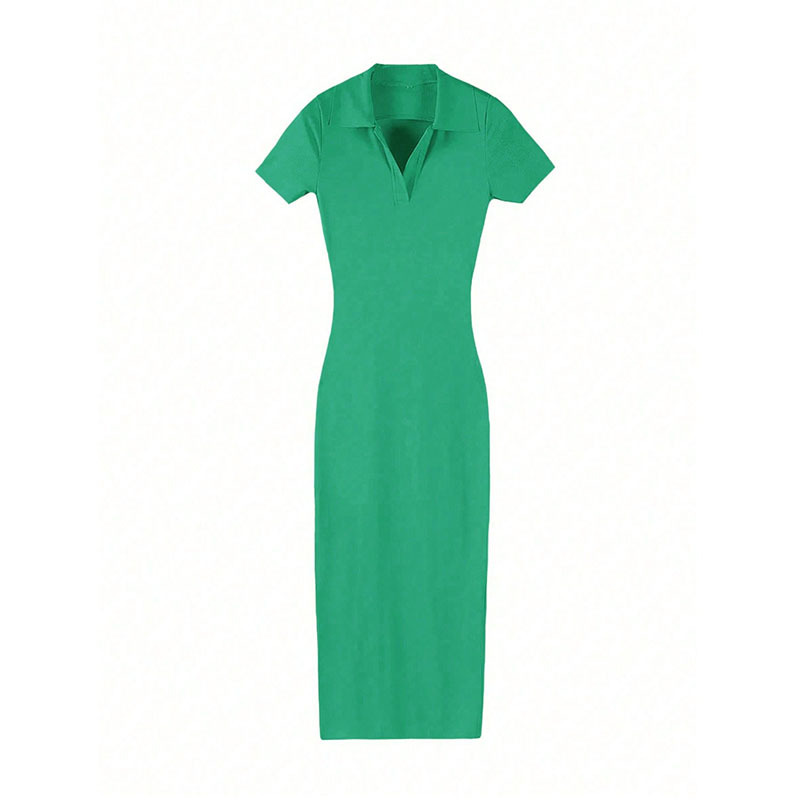 Solid V-Neck Short Sleeve Slim Fit Midi Dress