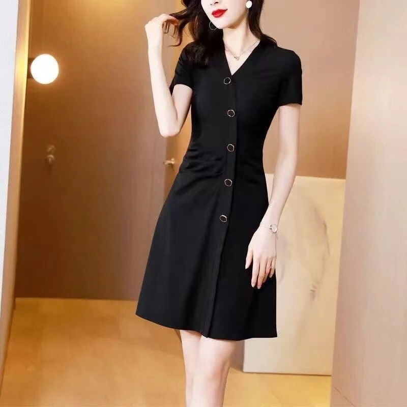 Women's Black V-Neck Short Sleeve A-Line Midi Dress Slimming Plus Size