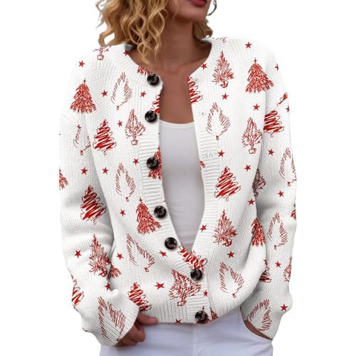Women's Christmas Tree Snowflake Snowman Reindeer Print Button Cardigan Sweater