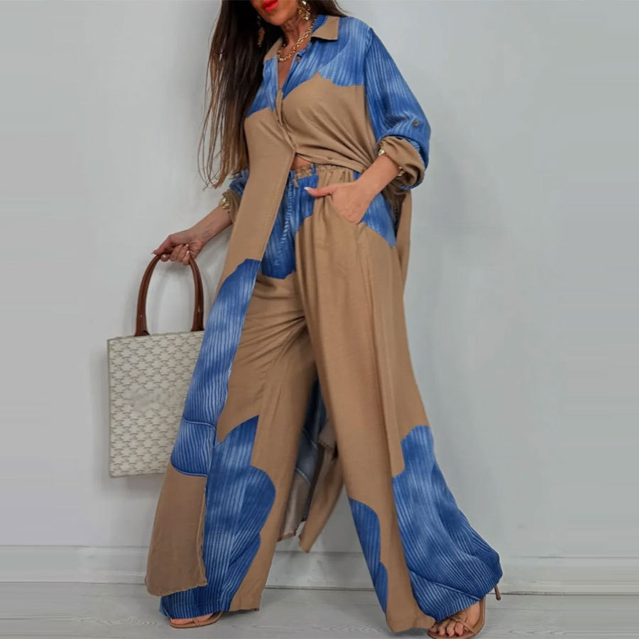 Women's Colorblock Loose Shirt and Pants Two-Piece Set