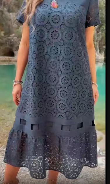 Women's Geometric Print A-Line Midi Dress Short Sleeve Crew Neck