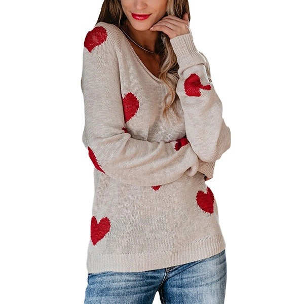 Women's Loose Heart V-Neck Knit Pullover Sweater