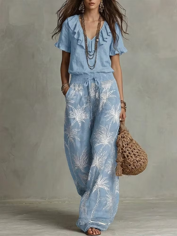 Ruffled V-Neck Short-Sleeve Printed Wide-Leg Pant Set