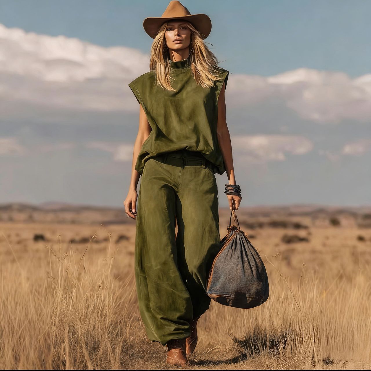 Western-Style Sleeveless Wide-Leg Jogger Suede Set