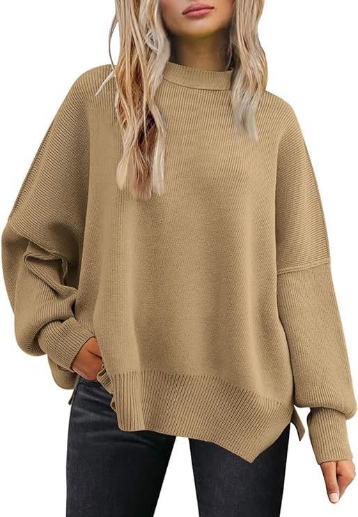 Women's Crewneck Batwing Sleeve Side Slit Loose Knit Sweater