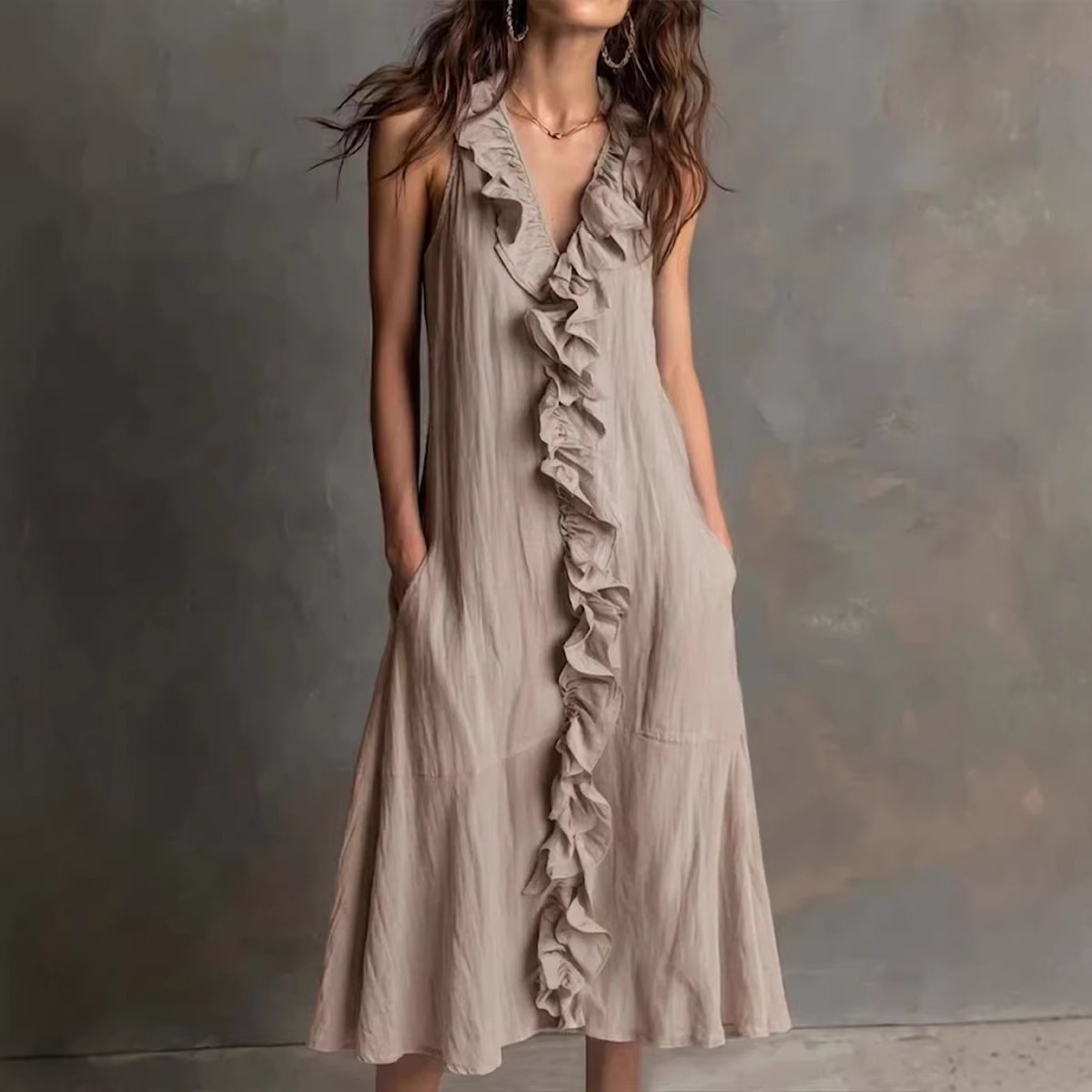 Women's Sleeveless Cotton-Linen V-Neck Ruffle Hem Maxi Dress