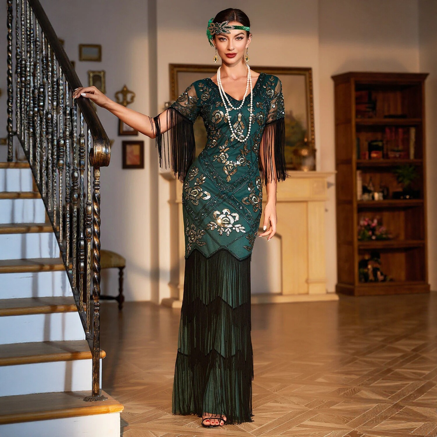 V-Neck Waist-Cinching Ruffle Midi Dress