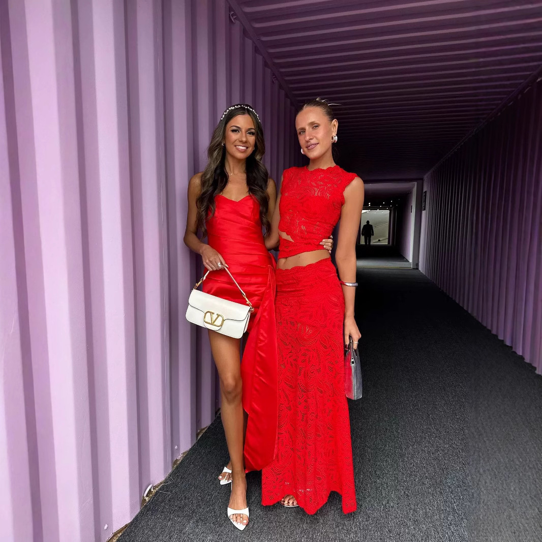 Red Sleeveless Lace Crop Top and Mermaid Skirt Set