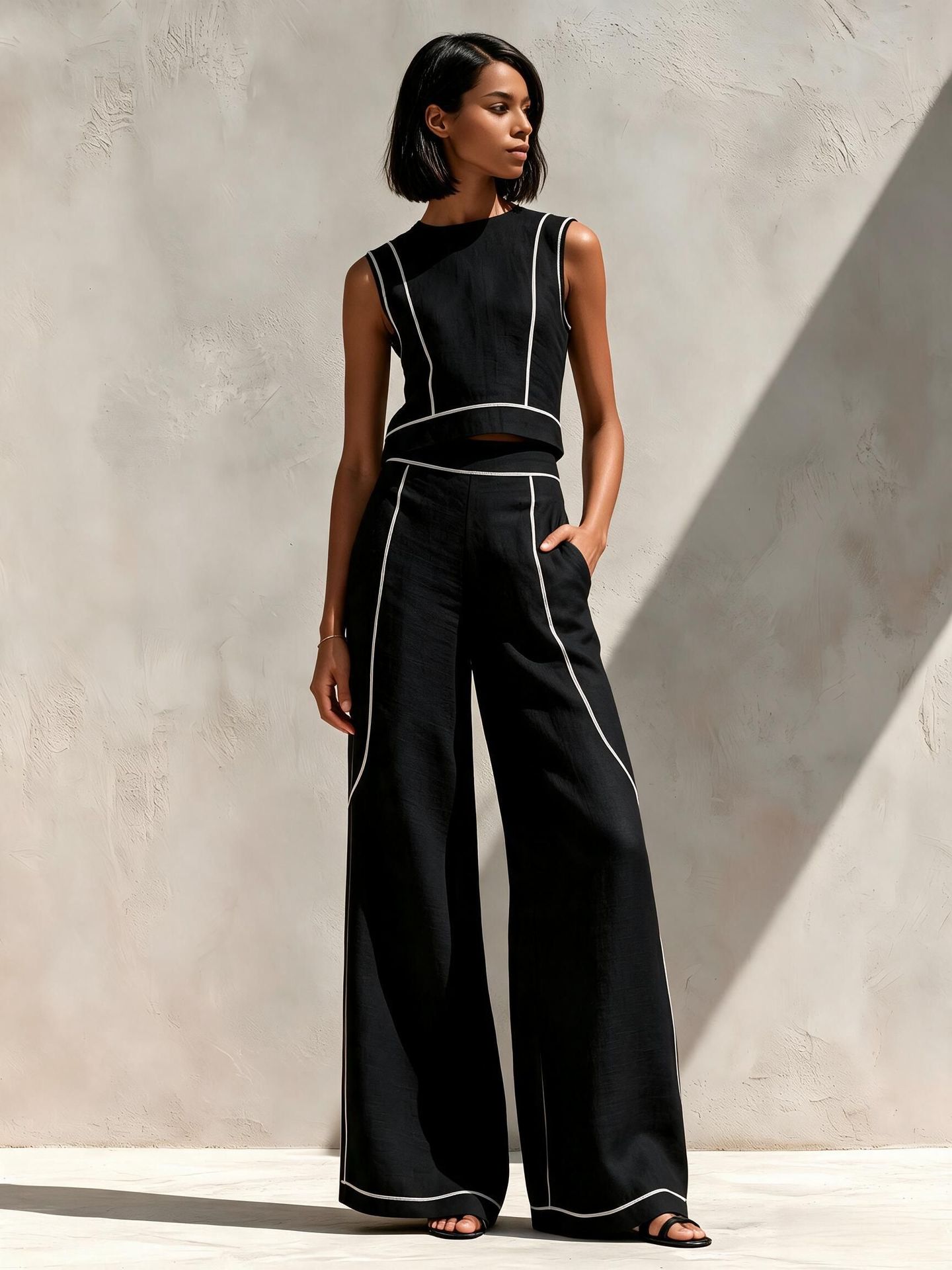 Sleeveless Color-Block Wide-Leg Pants Set Women's Casual Two-Piece