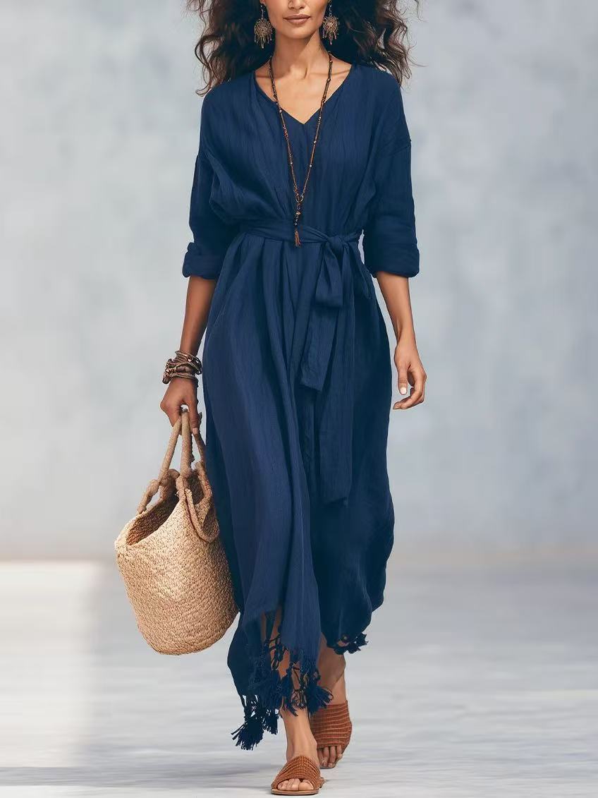 Boho V-Neck Tie-Front Fringe Hem Midi Dress