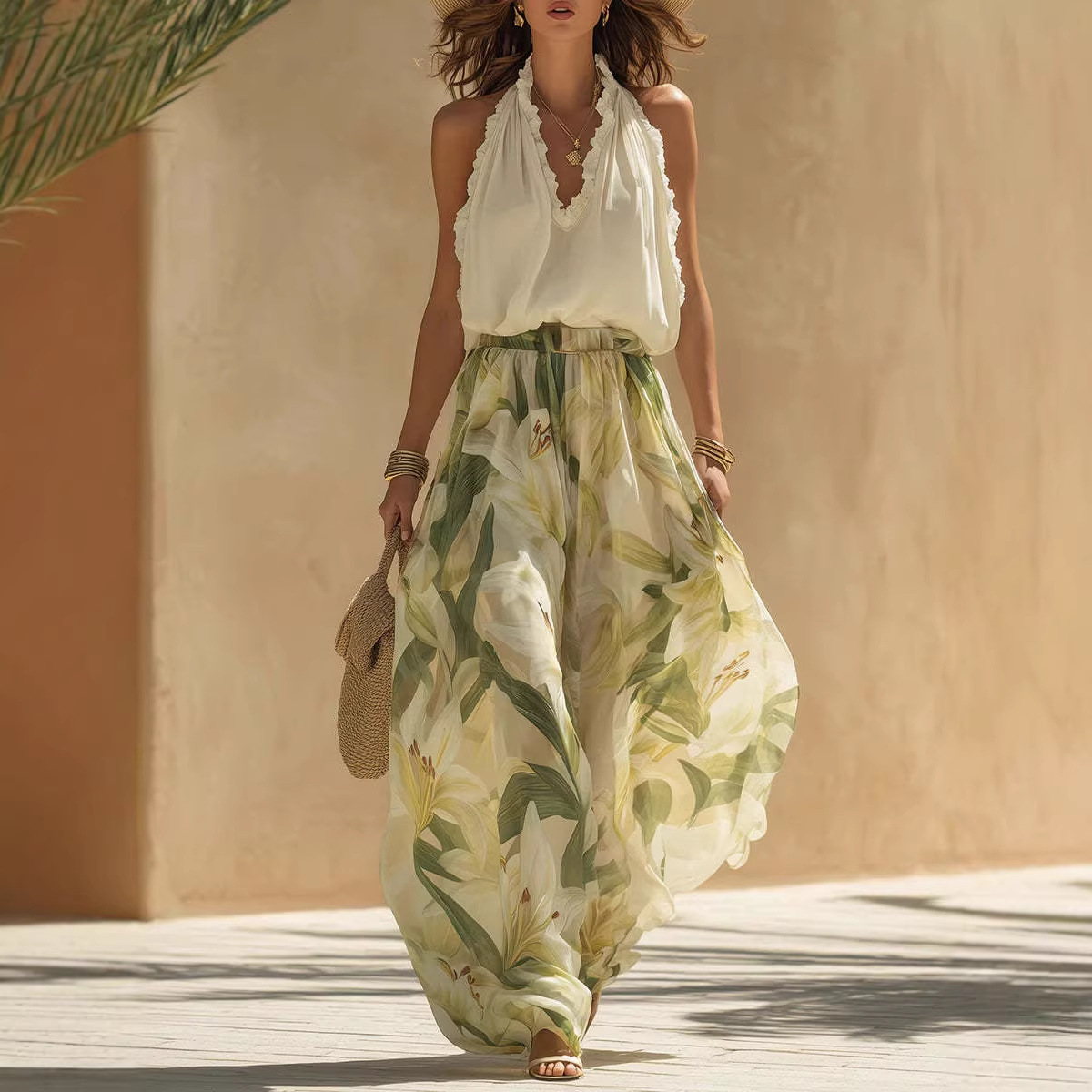 V-Neck Waist-Cinching Ruffle Floral Dress