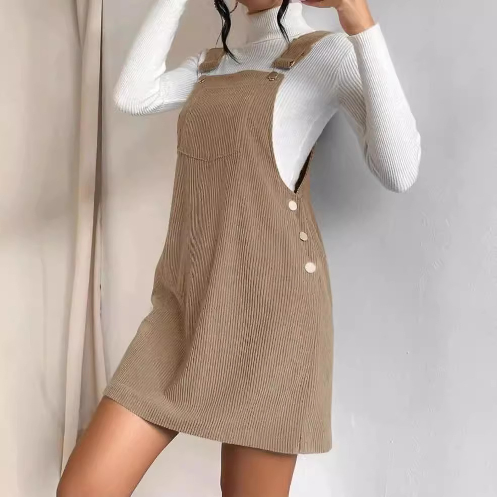 Corduroy Sleeveless A-Line Pinafore Dress Square Neck Solid Color